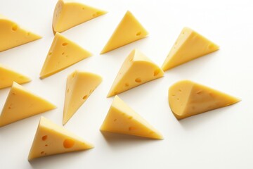 Illustration of pieces of Swiss cheese, white background. Generative AI