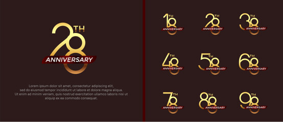 set of anniversary logo gold color and red ribbon on brown background for celebration moment - obrazy, fototapety, plakaty