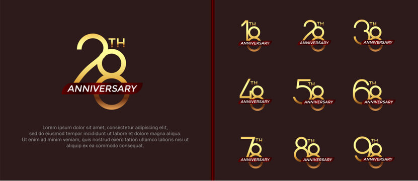 Set Of Anniversary Logo Gold Color And Red Ribbon On Brown Background For Celebration Moment