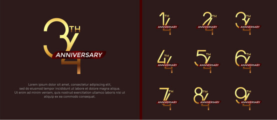 set of anniversary logo gold color and red ribbon on brown background for celebration moment