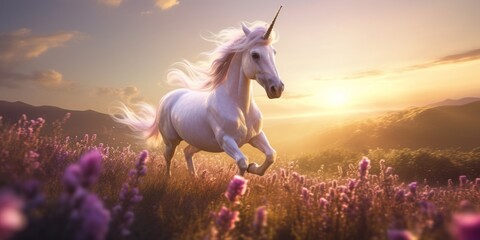 Obraz na płótnie Canvas A White Unicorn with a Horn Gracefully Galloping Across a Magical Meadow