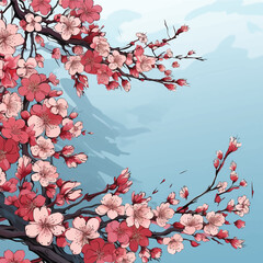 painting oriental japan petal romantic elegance graphic frame drawing springtime east illustration