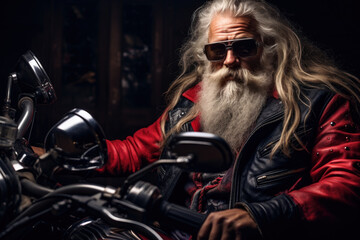 Cool Santa Claus as a biker with sunglasses and a leather jacket.