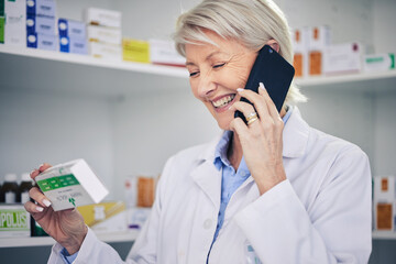 Happy woman, pharmacist and phone call with medication for telehealth, communication or advice at pharmacy. Female person, medical or healthcare expert talking on smartphone for online consultation - Powered by Adobe