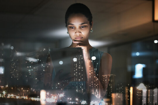 Tablet, thinking overlay or business woman review finance analytics, online stock market or Miami city ecommerce. Forex investment night, data analysis or African trader trading NFT or bitcoin crypto