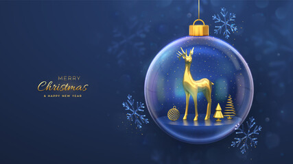 Christmas greeting card. Golden deer in a transparent glass ball. Shining showflakes, glitter confetti. New Year Xmas blue background. Festive holiday poster, banner, flyer. 3D Vector illustration.