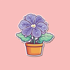 african violet plant sticker. kawaii cartoon illustration