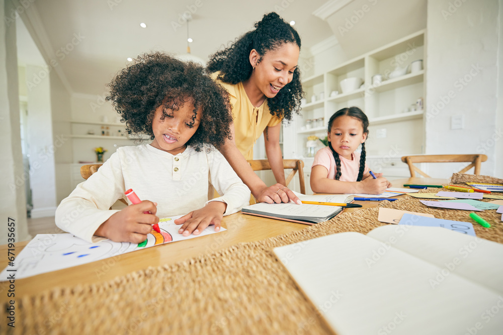 Poster writing, learning and children with mother for home education and support, creativity and color guid
