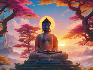statue of buddha in the sunset