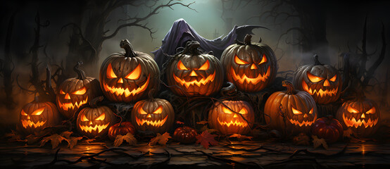 Halloween black background magic style evil pumpkin theme poster 7 - obrazy, fototapety, plakaty