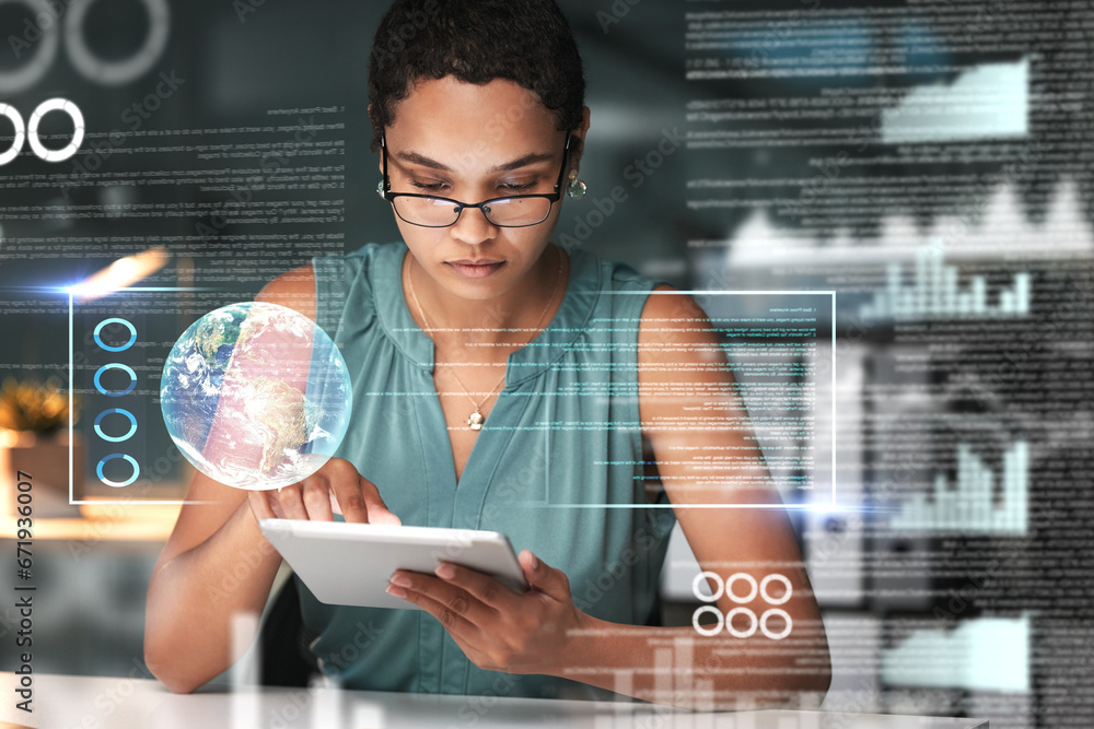 Poster Tablet, black woman and globe hologram with graphs and analytics, future technology and digital overlay with code, Futuristic, tech innovation and 3D, focus and cyber space with big data and analysis
