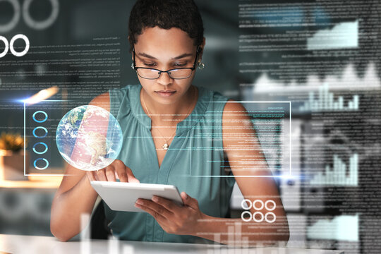 Tablet, black woman and globe hologram with graphs and analytics, future technology and digital overlay with code, Futuristic, tech innovation and 3D, focus and cyber space with big data and analysis