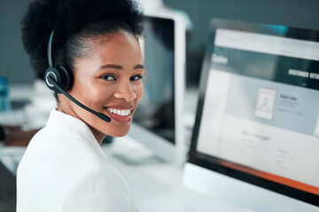 Crm, telemarketing and black woman portrait in a call center with customer support success. Web consultant, happy and lead generation worker at a office computer with a smile from consultation - obrazy, fototapety, plakaty