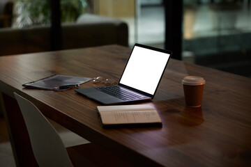 Night, work and mockup laptop on a table for business, late shift and organized workspace....
