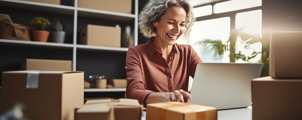 Online store seller during an online conversation with a buyer. Smiley gray haired Caucasian woman sits in front of laptop monitor in a warehouse of products during online video call with a customer.