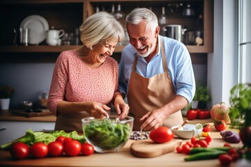 Old woman and husband with gray beard busy cooking traditional dinner dish in kitchen. Mature grey-haired wife and husband smile showing wisdom at work in kitchen preparing traditional meal
