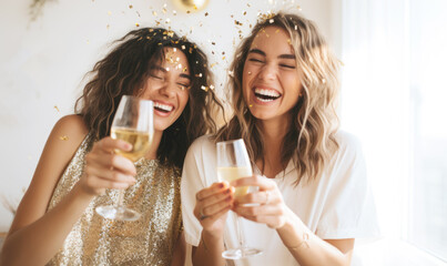 couple women celebrating with champagne