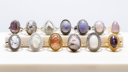 A collection of rings with different stones and metals on a white surface. The rings have various sizes, shapes and colors, such as amethyst, opal, pearl, and agate. The white surface makes the rings