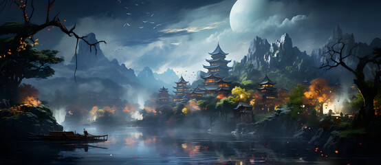 A serene Chinese village with old buildings red lanterns and a reflective river 9
