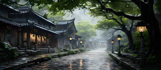 A serene Chinese village with old buildings red lanterns and a reflective river 10