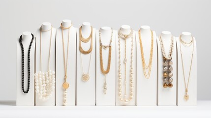 A row of mannequins with necklaces on them. The mannequins are all different shapes and sizes, and the necklaces are all different colors. The mannequins are standing in a straight line, facing the
