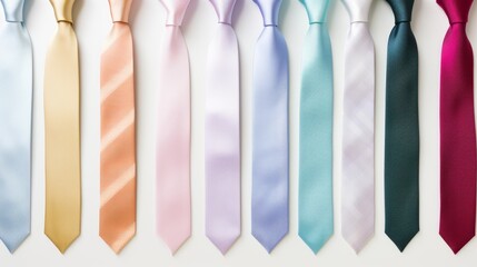 A row of different colored ties on a white background. The ties are all different patterns and materials, including solid colors, stripes, and paisleys. The ties are neatly arranged in a row, with the