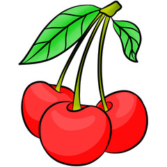 cherries with leaves isolated on transparent background, cartoon style icon 