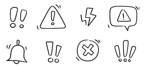 Doodle exclamation mark, alert danger sign set. Scribble hand drawn doodle exclamation triangle point, stop warning, hazard sign. Hand drawn sketch danger information sign. Vector illustration © Polina Tomtosova