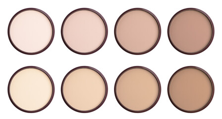 Compact face powders of different shades isolated on white, collection. Top view