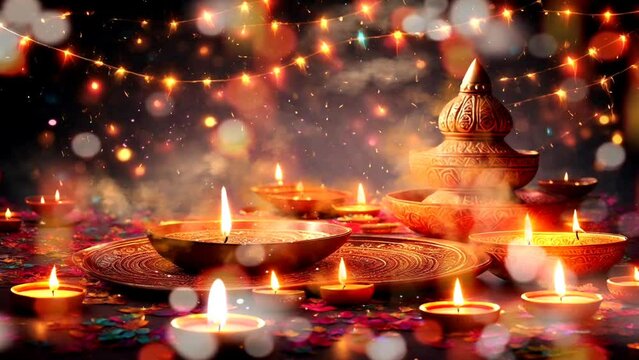 Candle light at Diwali celebration with decorative lighting trinkets. 4K time-lapse fantasy style animated video background.