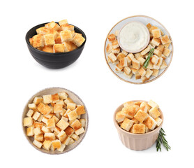 Delicious crispy croutons isolated on white, set