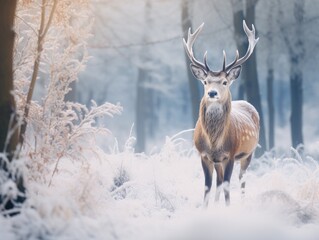 A majestic deer stands in a frosty forest landscape, with its large antlers glistening in the cold. Snow covers the ground, and frozen branches frame the serene scene.