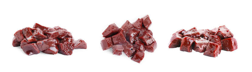 Pieces of raw beef liver isolated on white, set