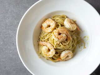 Shrimp basil pasta on a plate
