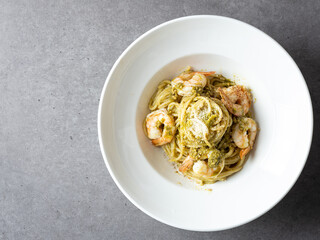 Shrimp basil pasta on a plate