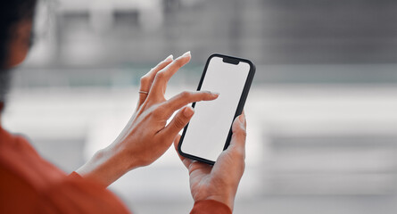 Woman hands, phone screen and mockup for social media, online scroll and Web 3.0 ui or ux design space. Business FAQ, information and contact on mobile technology for job search and career marketing