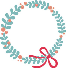 Fototapeta na wymiar Leaves wreath with red bow ribbon flat design illustration for decoration on Christmas holiday event.