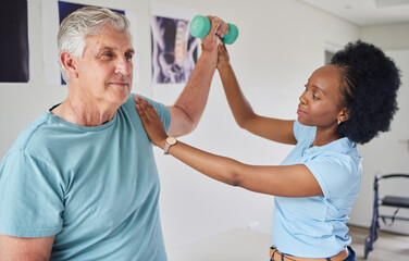 Senior man, physiotherapy and dumbbells with black woman for help in clinic workout for wellness. Nurse, physical therapist, patient and support with equipment for rehabilitation in nursing home. - obrazy, fototapety, plakaty