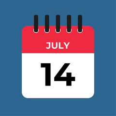 july 14 calendar reminder. 14 july daily calendar icon template. Calendar 14 july icon Design template. Vector illustration