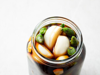 Soy sauce marinated onions and spicy chili