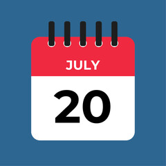 july 20 calendar reminder. 20 july daily calendar icon template. Calendar 20 july icon Design template. Vector illustration