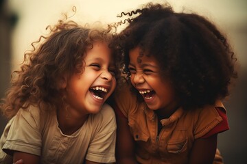 two little girls laughing while sitting ground models clothes love infinity happy disarmed young men only blue brilliant cute - obrazy, fototapety, plakaty