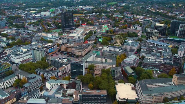 Aerial view of the old town of the city Essen on a cloudy day in autumn in Germany.