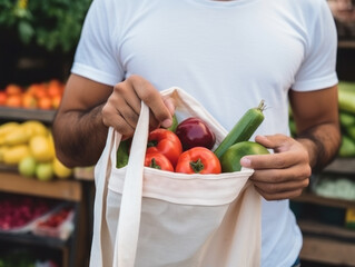 A person holds an eco shopping bag to buy fruit at a farmers market - obrazy, fototapety, plakaty