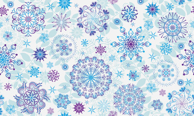 Christmas vector seamless handwork pattern with stars and gradient snowflakes on white background
