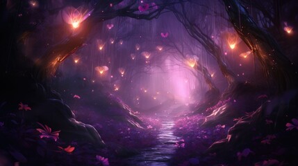 Luminous pink orbs light up stone path in mystical woods. Surreal landscapes.