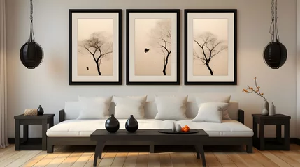 Foto op Aluminium one bed with wooden floor and four frames hanging on the wall, in the style of modern european ink painting, uhd image, black and beige, charles spencelayh, mirrored, minimalist grids, light and airy © Muzikitooo