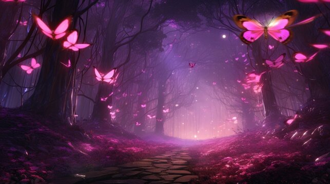 Dreamy forest pathway surrounded by illuminated flowers and trees. Ethereal landscapes.