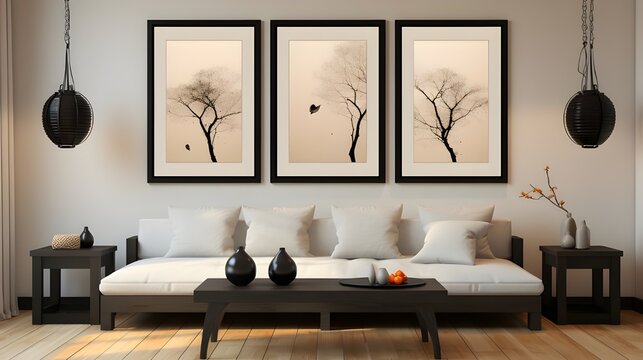 one bed with wooden floor and four frames hanging on the wall, in the style of modern european ink painting, uhd image, black and beige, charles spencelayh, mirrored, minimalist grids, light and airy