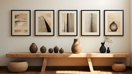 a poster and framed pictures with blank black frame, in the style of light bronze and light beige, contemporary classicism, minimalist textiles, vray, uhd image, striped painting, barbizon school - obrazy, fototapety, plakaty